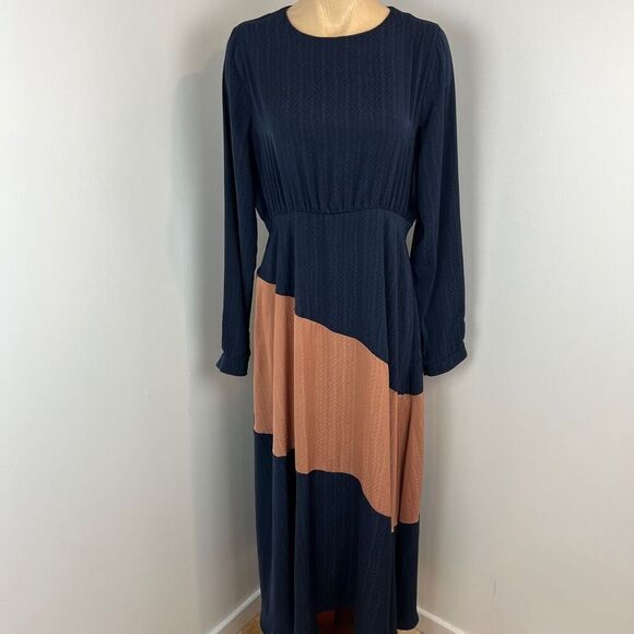 Ghospell Women's Large Colorblock Blue Peach Long Sleeve Maxi Dress Peasant Chic - Picture 13 of 15